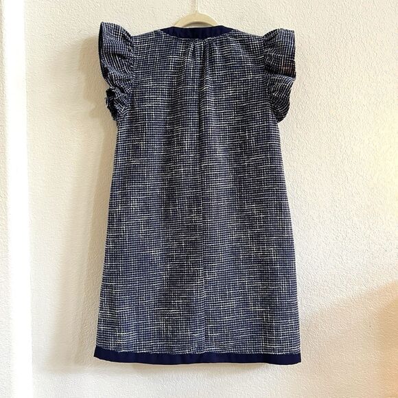 Voy Blue Tweed V-Neck Dress with Contrast Ribbon and Flutter Sleeve Sz S - Picture 2 of 11